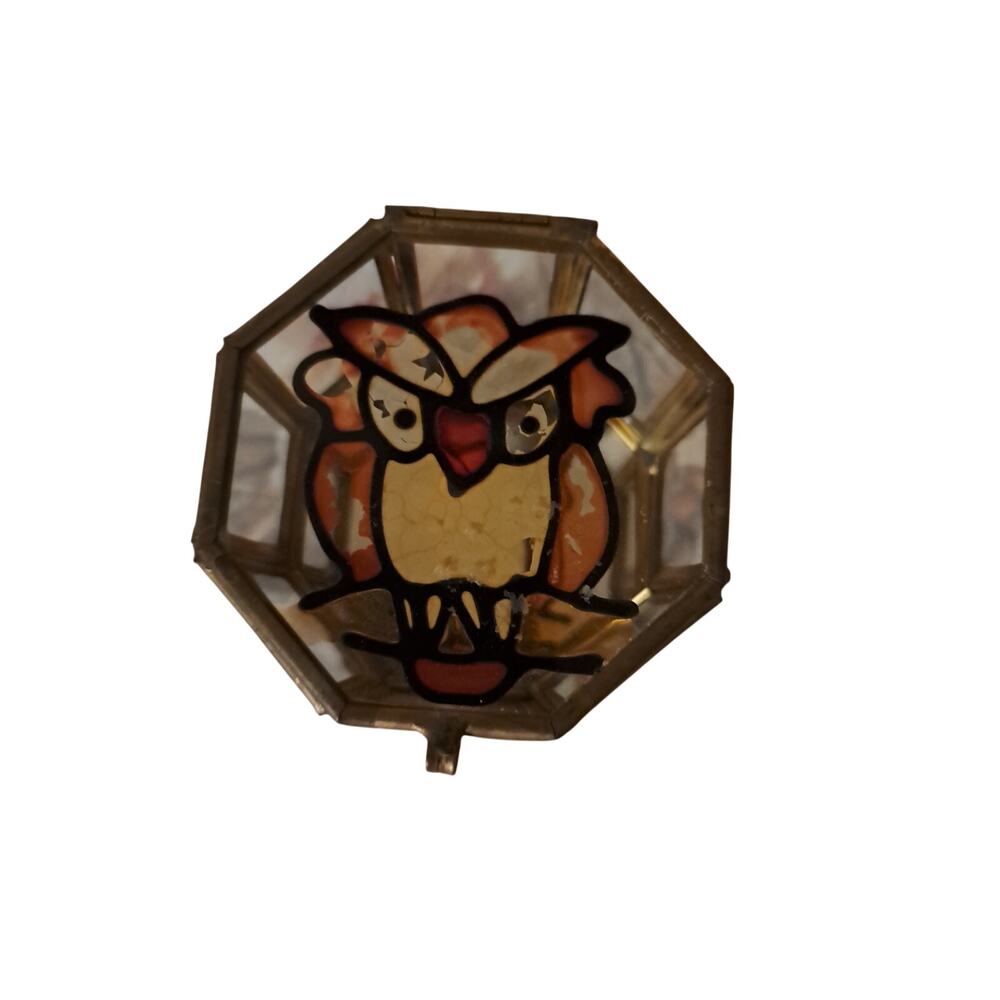 Vintage Glass Owl Mirror Trinket Box